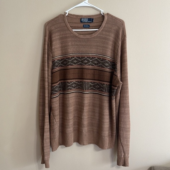 Vintage Polo Ralph Lauren Brown Linen Blend Nordic Stripe Crewneck Sweater - Picture 1 of 7